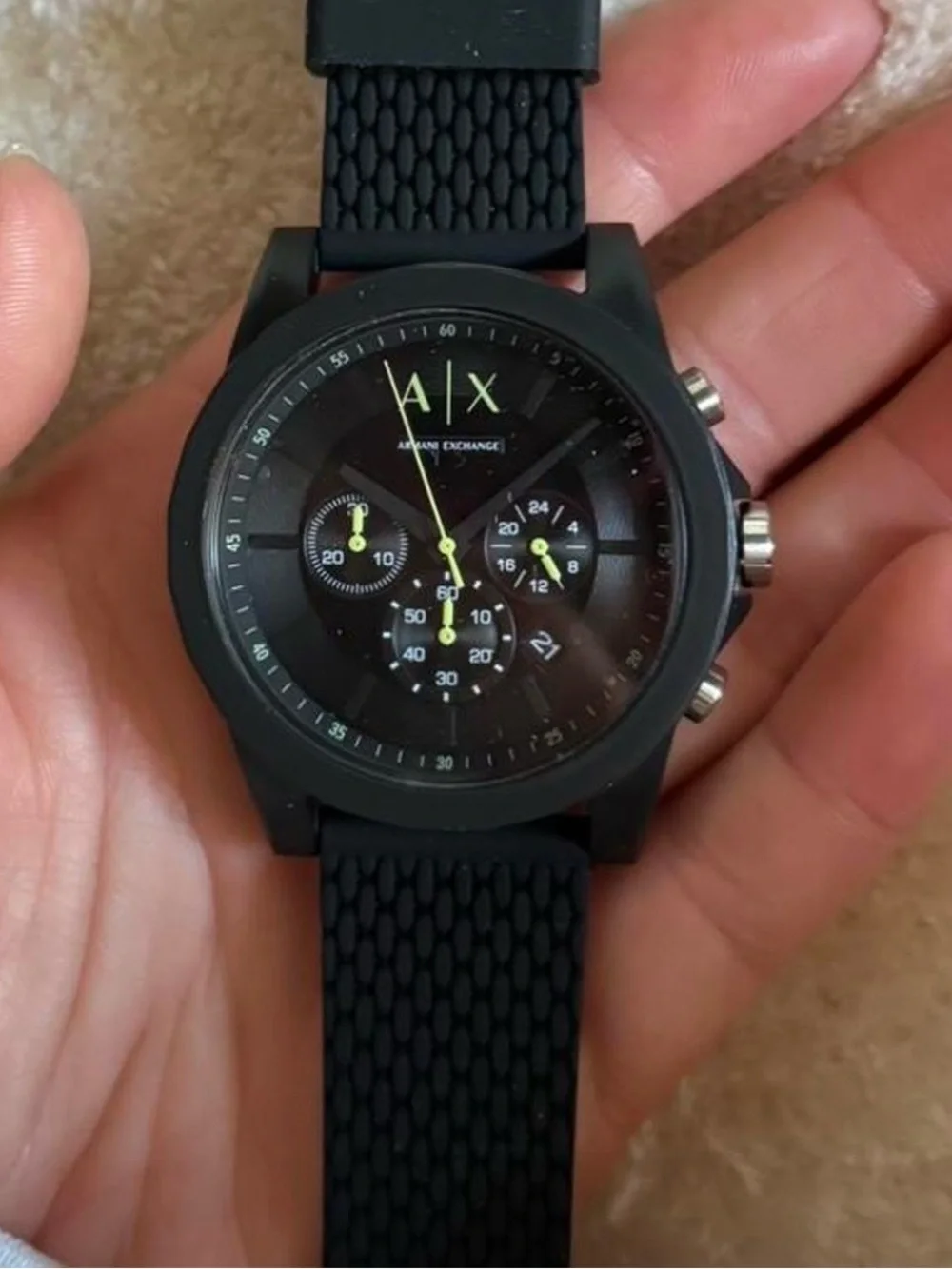 Armani Exchange Black Silicone Chronograph Watch with Yellow/green Accents